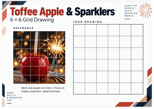 Toffee Apple and Sparklers Grid Drawing Worksheet | Bonfire Night KS3 & KS4 Art