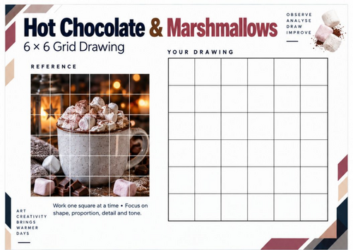 Hot Chocolate and Marshmallows Grid Drawing Worksheet | Bonfire Night Art