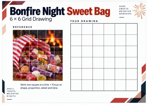 Bonfire Night Sweet Bag Grid Drawing Worksheet | KS3 & KS4 Art Activity