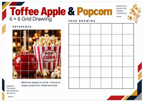 Toffee Apple and Popcorn Grid Drawing Worksheet | Bonfire Night KS3 & KS4