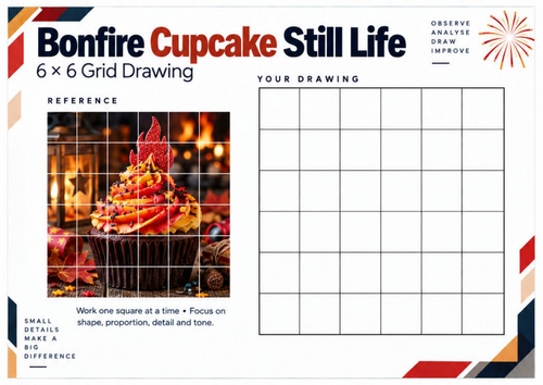 Bonfire Cupcake Still Life Grid Drawing Worksheet | KS3 & KS4 Art