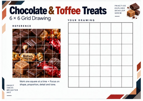 Chocolate and Toffee Treats Grid Drawing Worksheet | Bonfire Night Art