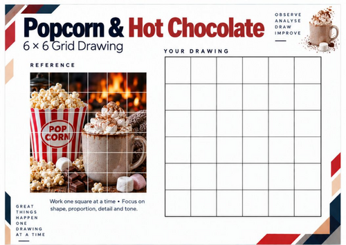 Popcorn and Hot Chocolate Grid Drawing Worksheet | Bonfire Night KS3 & KS4 Art