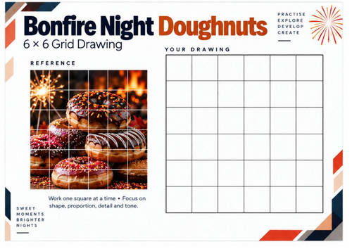Bonfire Night Doughnuts Grid Drawing Worksheet | KS3 & KS4 Art Activity