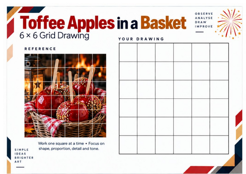 Toffee Apples in a Basket Grid Drawing Worksheet | Bonfire Night Art