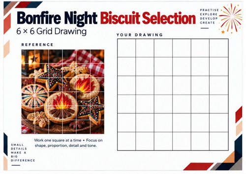 Bonfire Night Biscuit Selection Grid Drawing Worksheet | KS3 & KS4 Art