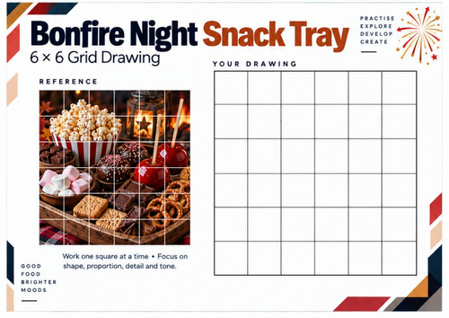 Bonfire Night Snack Tray Grid Drawing Worksheet | KS3 & KS4 Art