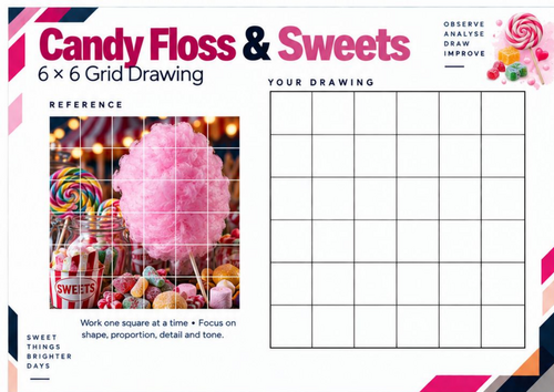 Candy Floss and Sweets Grid Drawing Worksheet | Bonfire Night Art Activity