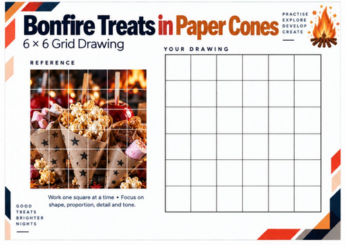 Bonfire Treats in Paper Cones Grid Drawing Worksheet | KS3 & KS4 Art