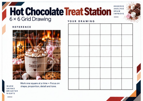 Hot Chocolate Treat Station Grid Drawing Worksheet | Bonfire Night Art