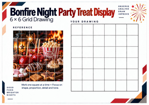 Bonfire Night Party Treat Display Grid Drawing Worksheet | KS3 & KS4 Art