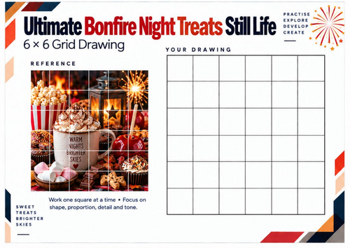 Ultimate Bonfire Night Treats Still Life Grid Drawing Worksheet | KS3 & KS4 Art
