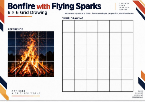 Bonfire with Flying Sparks Grid Drawing Worksheet | KS3 & KS4 Art