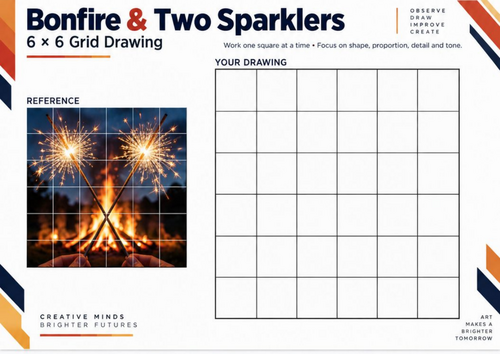 Bonfire and Two Sparklers Grid Drawing Worksheet | KS3 & KS4 Art