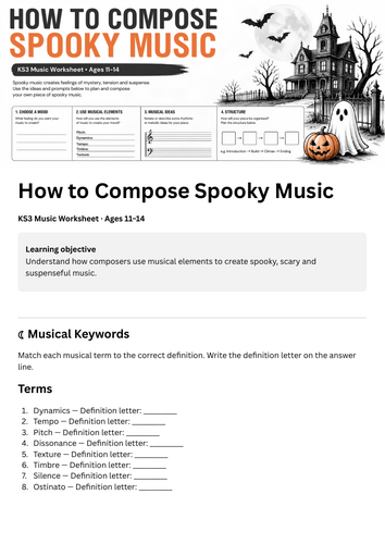 KS3 Halloween Music Worksheet – How to Compose Spooky Music