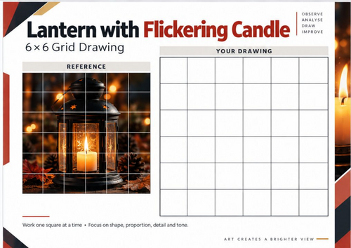 Lantern with Flickering Candle Grid Drawing Worksheet – KS3 & KS4 Art