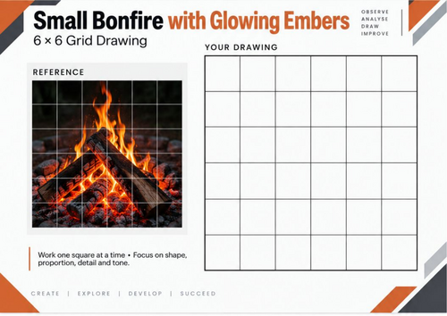 Small Bonfire with Glowing Embers | Grid Drawing Worksheet | KS3 & KS4 Art