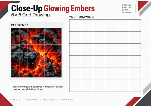 Close-Up Glowing Embers | Grid Drawing Worksheet | KS3 & KS4 Art