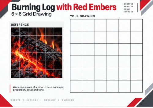 Burning Log with Red Embers | Grid Drawing Worksheet | KS3 & KS4 Art