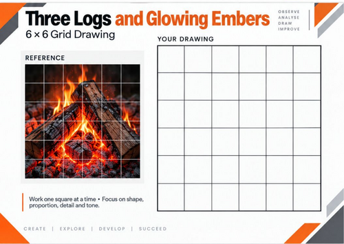 Three Logs and Glowing Embers | Grid Drawing Worksheet | KS3 & KS4 Art