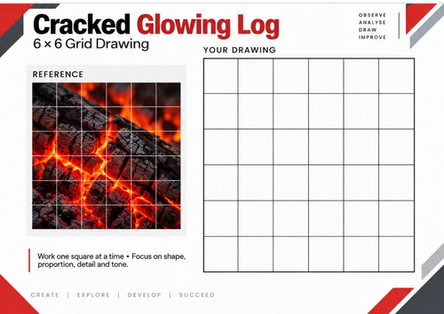 Cracked Glowing Log | Grid Drawing Worksheet | KS3 & KS4 Art