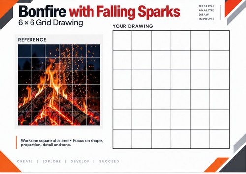 Bonfire with Falling Sparks | Grid Drawing Worksheet | KS3 & KS4 Art