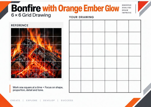 Bonfire with Orange Ember Glow | Grid Drawing Worksheet | KS3 & KS4 Art