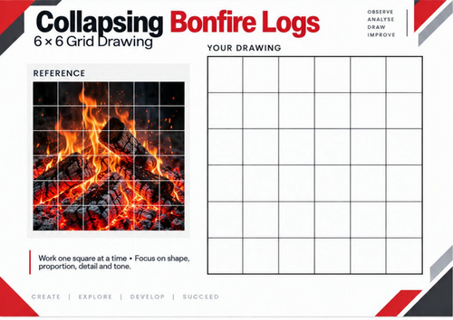 Collapsing Bonfire Logs | Grid Drawing Worksheet | KS3 & KS4 Art