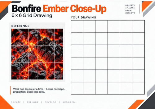 Bonfire Ember Close-Up | Grid Drawing Worksheet | KS3 & KS4 Art