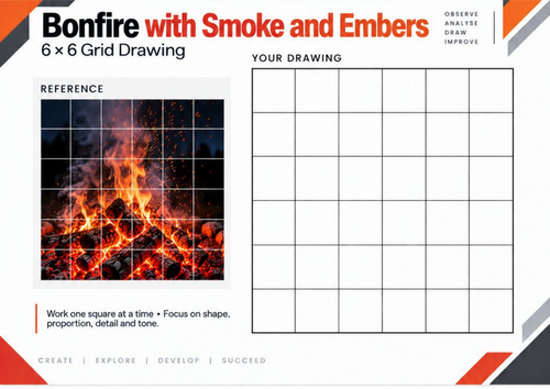 Bonfire with Smoke and Embers | Grid Drawing Worksheet | KS3 & KS4 Art