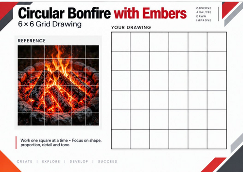 Circular Bonfire with Embers | Grid Drawing Worksheet | KS3 & KS4 Art
