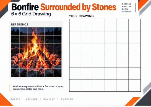 Bonfire Surrounded by Stones | Grid Drawing Worksheet | KS3 & KS4 Art