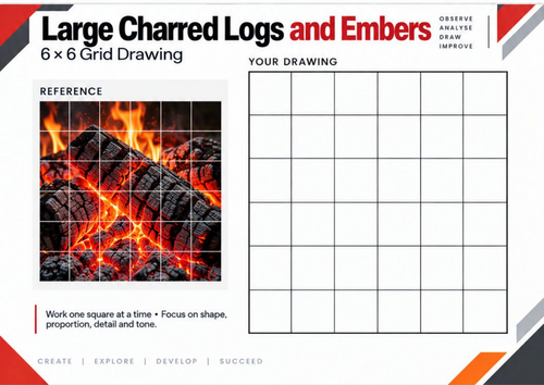 Large Charred Logs and Embers | Grid Drawing Worksheet | KS3 & KS4 Art