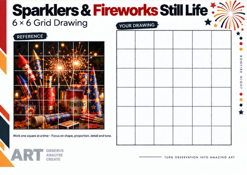 Sparklers and Fireworks Still Life – Grid Drawing Worksheet | KS3 & KS4 Art
