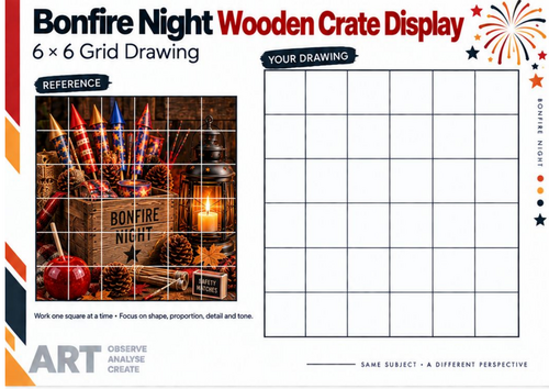 Bonfire Night Wooden Crate Display – Grid Drawing Worksheet | KS3 & KS4 Art
