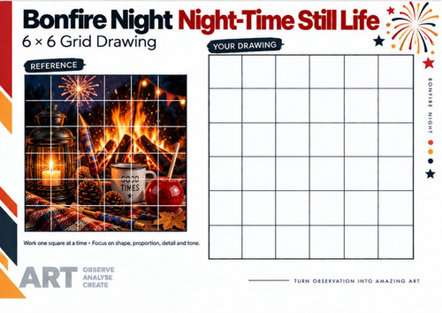 Bonfire Night Night-Time Still Life – Grid Drawing Worksheet | KS3 & KS4 Art
