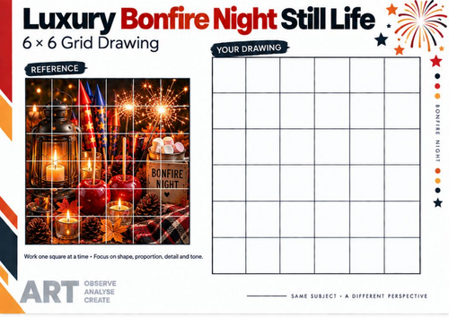 Luxury Bonfire Night Still Life – Grid Drawing Worksheet | KS3 & KS4 Art