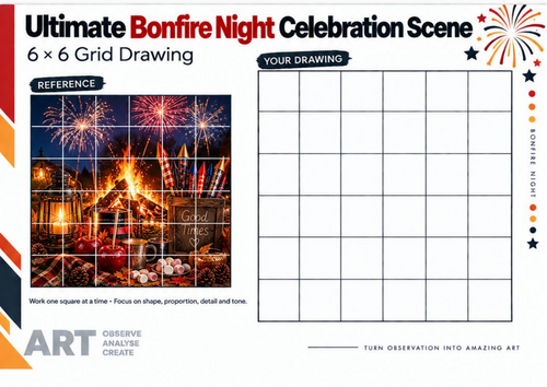 Ultimate Bonfire Night Celebration Scene – Grid Drawing Worksheet | KS3 & KS4 Art