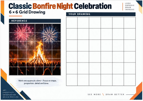 Classic Bonfire Night Celebration Grid Drawing Worksheet | KS3 & KS4 Art