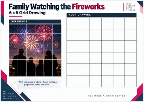 Family Watching the Fireworks Grid Drawing Worksheet | Bonfire Night KS3 & KS4 Art