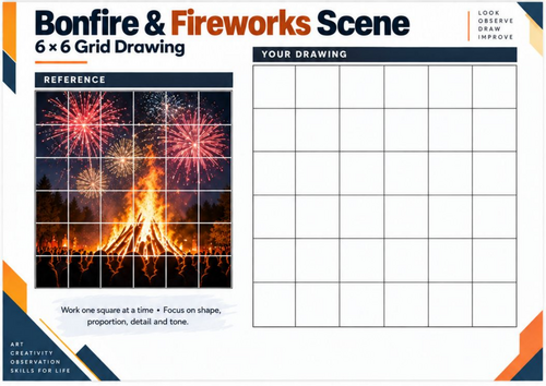 Bonfire and Fireworks Scene Grid Drawing Worksheet | KS3 & KS4 Art
