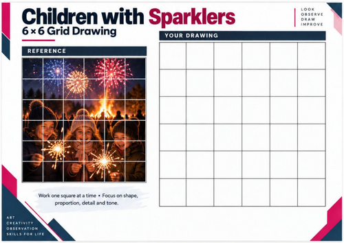 Children with Sparklers Grid Drawing Worksheet | Bonfire Night KS3 & KS4 Art