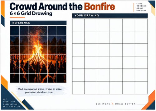 Crowd Around the Bonfire Grid Drawing Worksheet | KS3 & KS4 Art