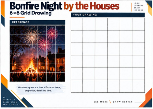 Bonfire Night by the Houses Grid Drawing Worksheet | KS3 & KS4 Art