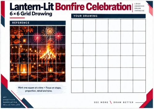 Lantern-Lit Bonfire Celebration Grid Drawing Worksheet | KS3 & KS4 Art