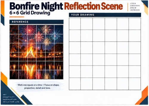 Bonfire Night Reflection Scene Grid Drawing Worksheet | KS3 & KS4 Art