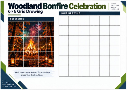 Woodland Bonfire Celebration Grid Drawing Worksheet | KS3 & KS4 Art