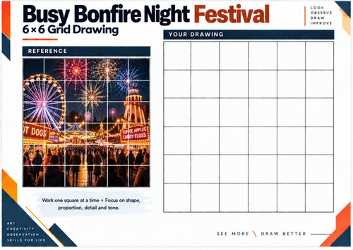 Busy Bonfire Night Festival Grid Drawing Worksheet | KS3 & KS4 Art