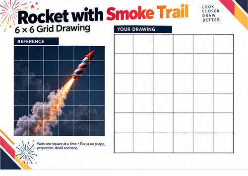 Firework Rocket with Smoke Trail Grid Drawing Worksheet | Bonfire Night Art | KS3 & KS4