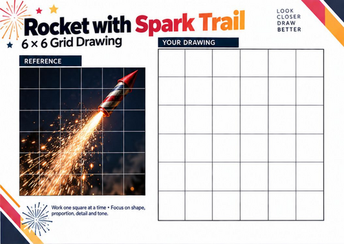 Firework Rocket with Spark Trail Grid Drawing Worksheet | Bonfire Night Art | KS3 & KS4